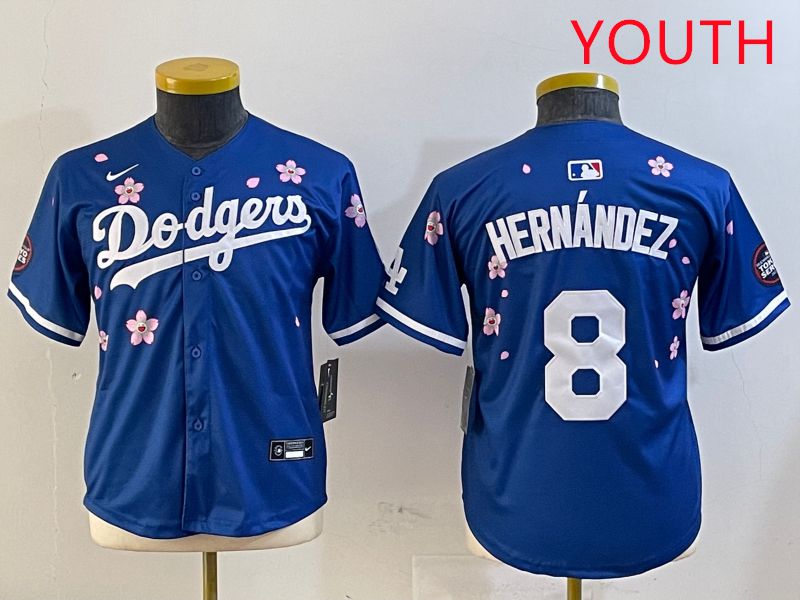 Youth Los Angeles Dodgers #8 Hernandez Blue Sakura Edition 2025 Nike MLB Jersey style 1